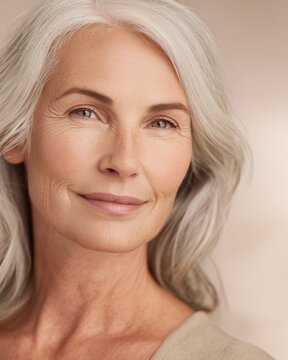 Close Up Portrait of Beautiful Mature Woman with Grey Hair and Natural Skin Looking at Camera with Gentle Smile, Concept of Pro Aging, Skincare, Senior Beauty, Confidence, and Self Care