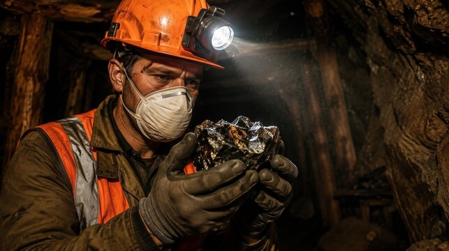 Miner Wearing Helmet with Headlamp and Mask Holding Piece of Raw Mineral Ore in Dark Underground Mine Shaft, Concept of Mining Industry, Resource Extraction, Geology, and Heavy Industrial Labor