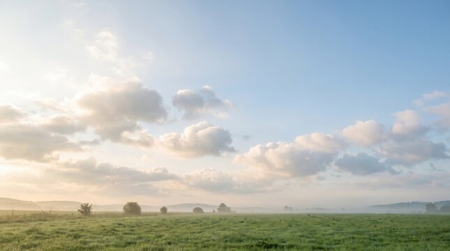 Soft White Cumulus Clouds Over Green Countryside