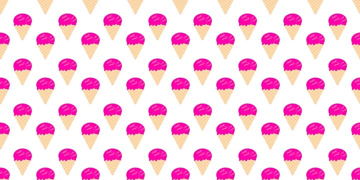 Seamless pattern of pink ice cream cones on a white background. Flat  summer dessert illustration for wallpaper.