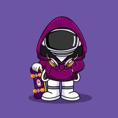 Cute Astronaut Skateboarder in Purple Hoodie Vector Cartoon Illustration