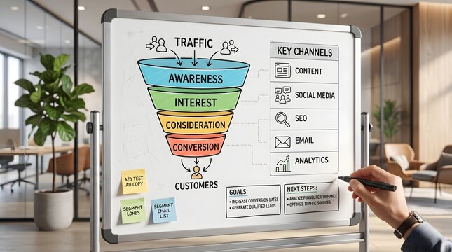 Businessman hand writing digital marketing traffic funnel diagram on whiteboard. Concept of advertising campaign strategy, and sales lead generation.