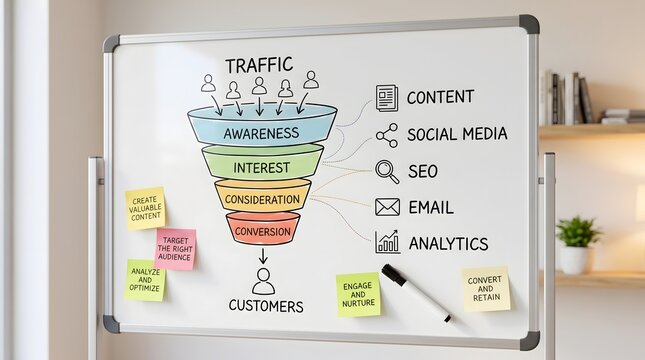 Whiteboard displaying hand drawn digital marketing traffic funnel diagram. Concept of advertising campaign strategy, and sales conversion planning.
