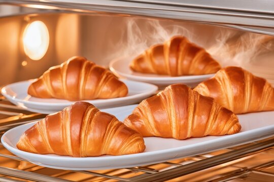 Golden croissants on white plates sliding out of industrial oven with steam rising