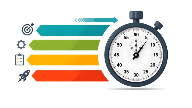 Silver stopwatch beside colorful horizontal ribbon banners with business icons. Concept of project management timeline and corporate strategy planning.