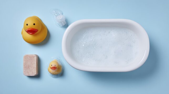 Playful bath time: rubber ducks and bubbles with bath accessories on a calm blue background