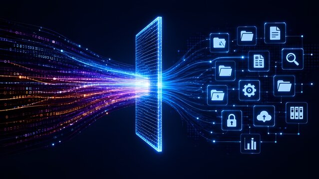 Fast digital data streams flowing through a virtual screen and sorting into organized file folders and document icons representing cloud storage management