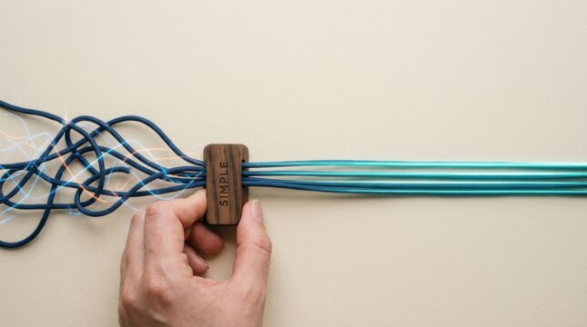 Person holding a string to illustrate process simplification by organizing tangled cords into manageable workflow