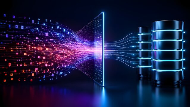 Chaotic digital light streams passing through a technological filter to become organized data entering glowing modern server racks in a dark data center
