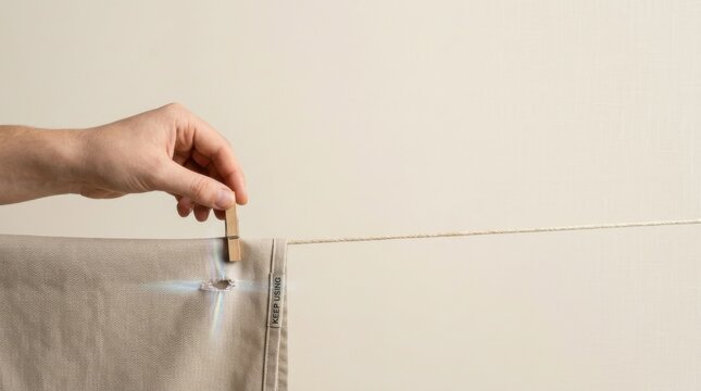A person extending the life of fabric by attaching a clothespin to visualize sustainable operations through maintenance