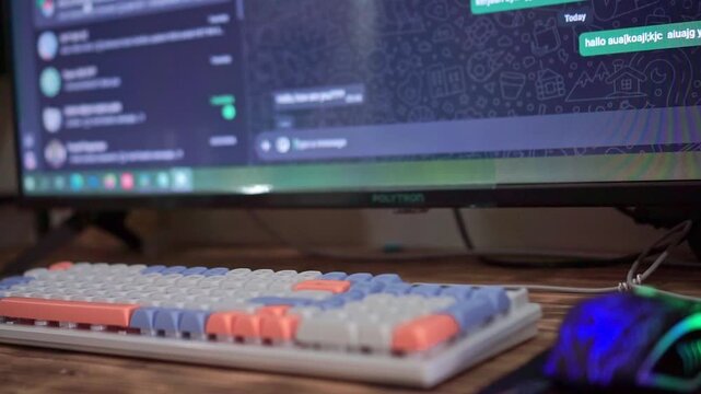 mechanical keyboard with a large monitor on a wooden desk. Modern computer workstation, office setup, productivity, and technology concept.