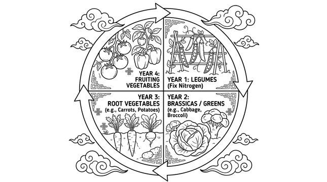 Crop rotation cycle illustration showing four stages: legumes, brassicas, root vegetables, and fruiting vegetables