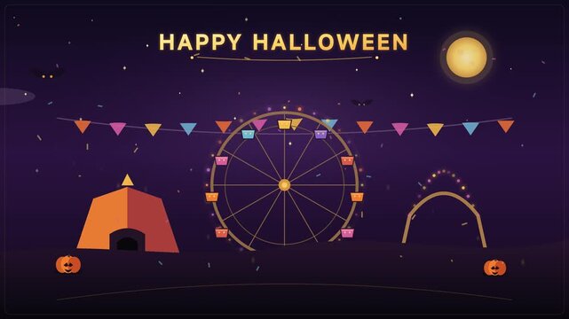 Spooky Halloween night at amusement park with circus tent and ferris wheel vector illustration