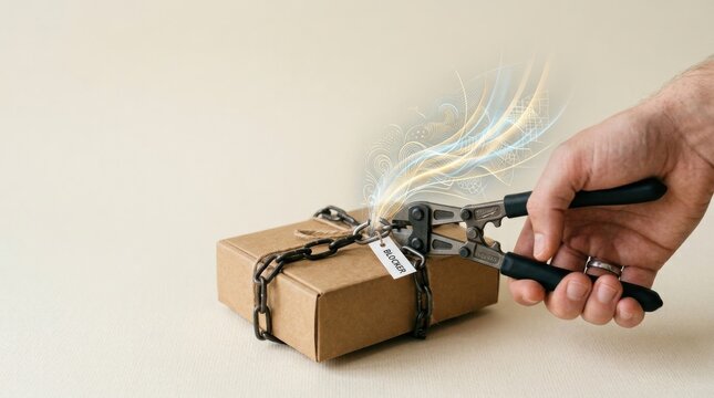 Individual opening box with knife visualizing business growth barrier by removing constraints that prevent progress for future success