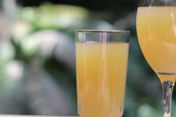 Glasses of orange juice on a wood table in the garden with a space for writing. Fruit juice in summer with a green background and vegetation. Refreshment and natural juice in orange color. © Martine