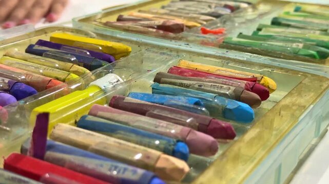 colorful crayons arranged in plastic box, art supplies for children, creativity and drawing materials concept.