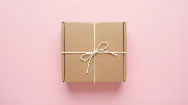 Square brown cardboard gift box tied with white string on pink background