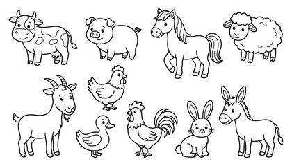 Obraz premium Farm Animals Hand Drawn Line Art Collection – Cow Pig Horse Sheep Goat Chicken Rabbit and Duck