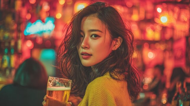 Young Woman happy in bar drinking beer and smiling,sexy girl dancing in pub,celebrating party drinking cocktails at bar luxury restaurant.