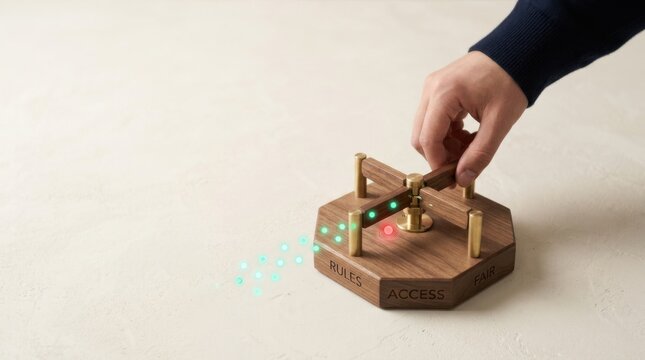 Person placing a piece of wood into a model turnstile to represent platform governance and legitimate participation