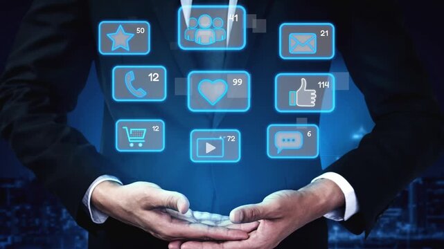 Icons representing social media interaction, communication, and engagement. Social media builds community, social media drives connection, and social media influences behavior. Marrow