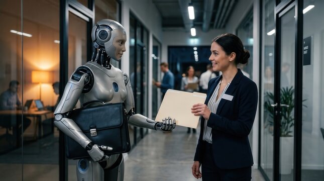Humanoid robot handing paper folder to business professional in modern office hallway illustrating human-robot collaboration in corporate settings.