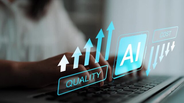 Hands typing on a laptop with graphical representations of AI, quality, and cost trends in a modern workspace, showcasing technology and innovation. Gluon.