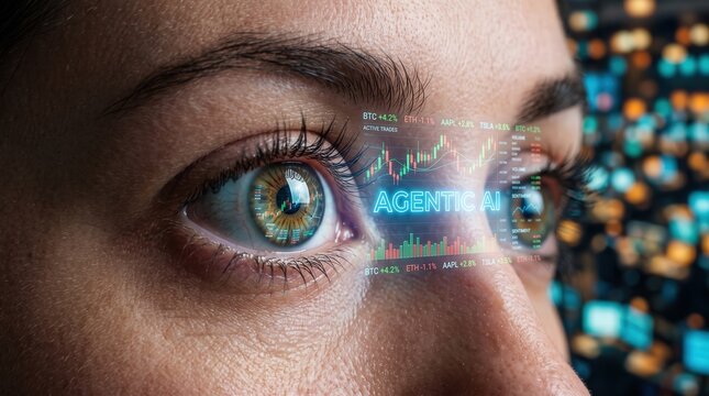 Agentic AI Digital Interface HUD Overlay on Human Eye reflecting Stock Market Charts and Crypto Data for Fintech Trading Platform Marketing