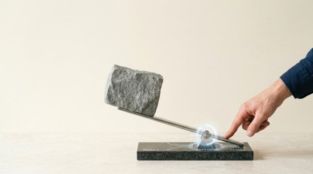 Business leverage illustrated as a person using a lever to achieve larger results with smaller, well-positioned effort