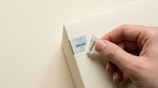 Hand applying a tamper seal stamp to a wall representing customer trust and product integrity visualization