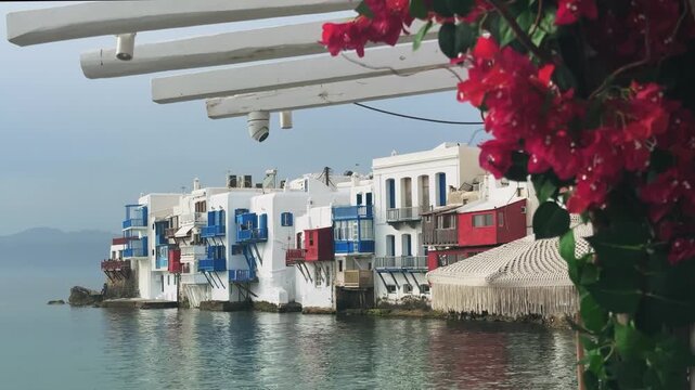 Little Venice Mykonos Greece Establishing Shot Panoramic Coastal View