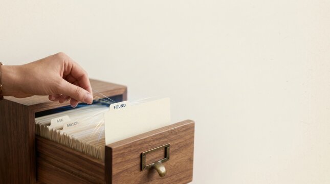 Individual placing a card into a wooden box as a metaphor for searching and locating relevant answers efficiently