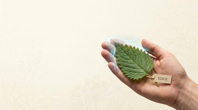 Individual holding a serrated leaf representing competitive advantage in nature and performance in the environment