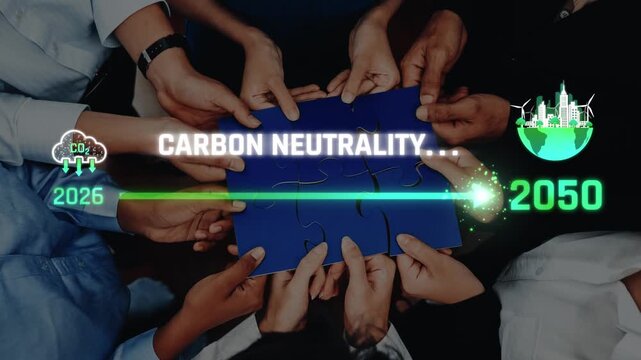 A visual representation of diverse hands coming together to symbolize the united effort required to achieve carbon neutrality by 2050. A timeline from 2026 to 2050 highlights important goals. Raster