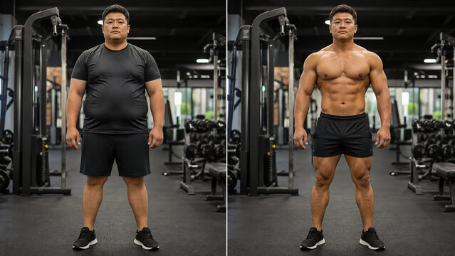 Side-by-side transformation of a man before and after weight loss, showcasing muscle gain and fitness progress in a gym setting.