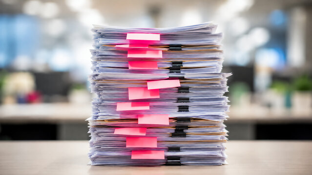 A tall stack of paper documents with pink and black sticky notes is neatly organized on a desk in an office setting.