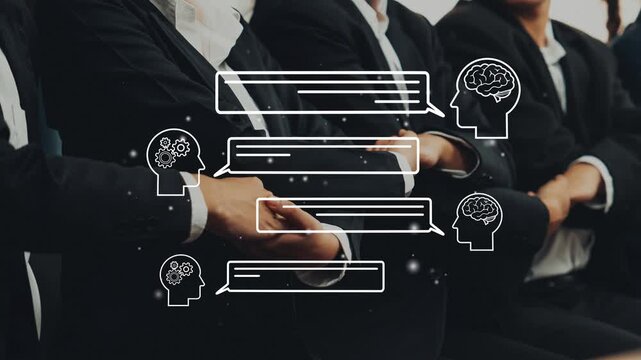 Business Professionals Engaging in Discussion with Abstract Thought Bubbles and Icons Representing Communication and Collaboration in Meeting Environment. Entropy.