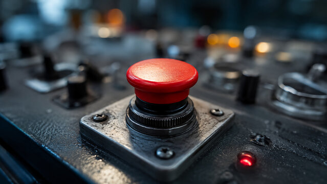 A close-up of a red emergency stop button on an industrial control panel with various switches and a lit indicator light.