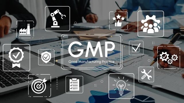 Business Team Collaborating on Good Manufacturing Practice with Technology and Charts, Icons Representing Quality, Compliance, and Efficiency in Modern Work Environment. Entropy.