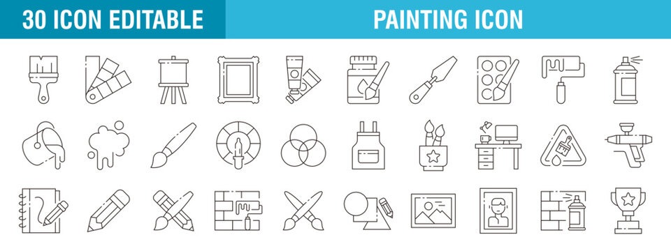 Collection of painting icons. Projects, tools, creativity, imagination. Vector template editable stroke EPS 10.