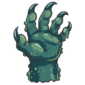 Stylized monster claw reaching hand illustration with green scaly skin and sharp dark claws vector graphic creature illustration halloween menacing reaching aggressive frightening mysterious