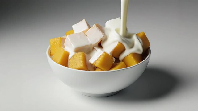 Assorted fruits drizzled with yogurt, strawberry, mango cube, blackberry, banana slice, raspberries