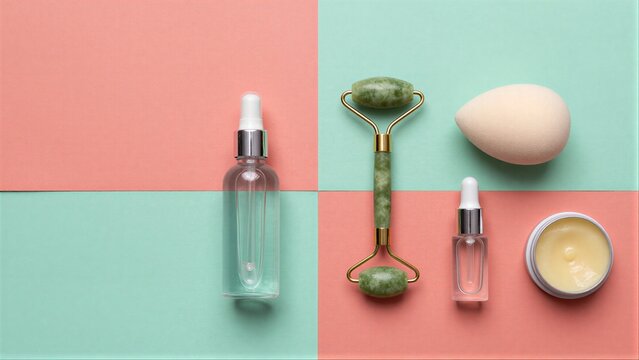 Beauty tools and products arranged on a pastel pink and green split background.