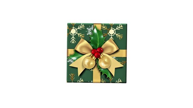 Green Christmas gift box with gold ribbon snowflakes pattern and holly berry isolated on white