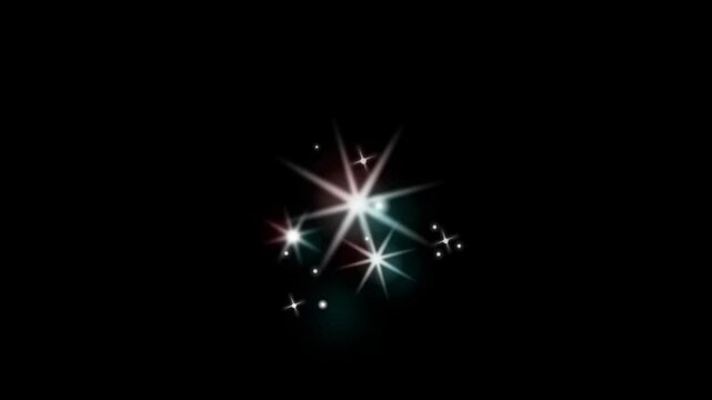 Bright dynamic starburst light leak and colorful sparkles isolated on black background