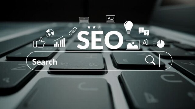 Close-up View of a Modern Keyboard with SEO Symbols and Search Bar Illustrating Digital Marketing Concepts on a Bright Background Gluon.