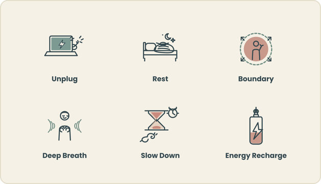 Burnout Recovery & Self Care Flat Line Icon Set, 6 Wellness Icons