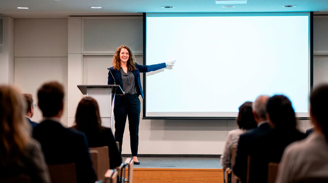 Businesswoman giving a presentation at a conference, pointing to a blank projection screen.