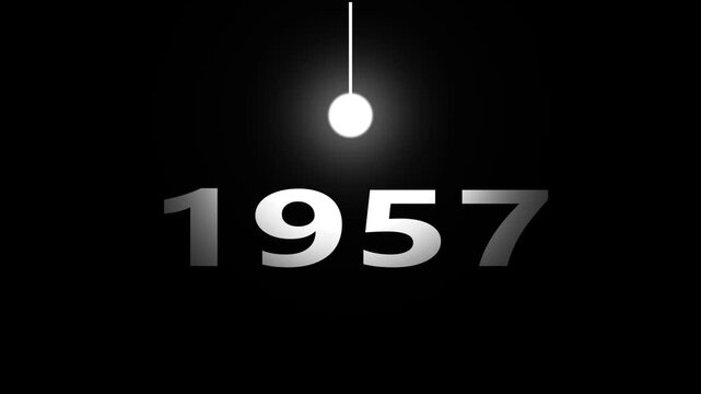 Historical year 1957 shown with bright swinging pendulum on black background loop.