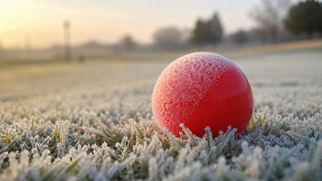 Red ball half covered in frost among frozen grass blades at dawn in winter